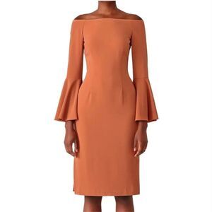 Keepsake Harmony Bell Sleeve Off the Shoulder Terracotta Slit Midi Dress Size S